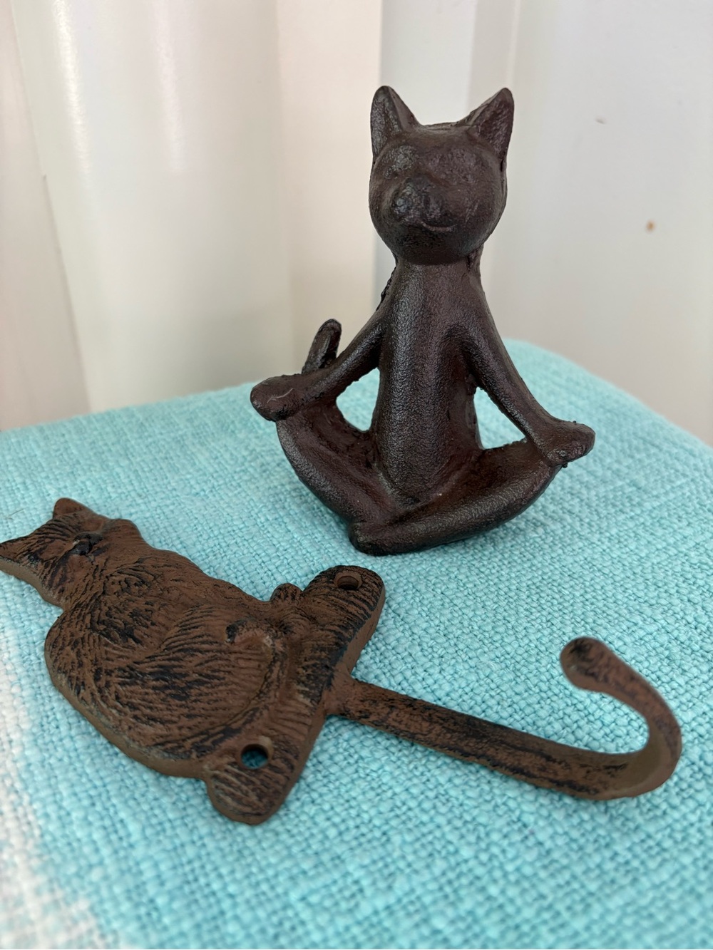 Rustic Brown Cat Hook & Yoga Cat Figurine - Cast Iron